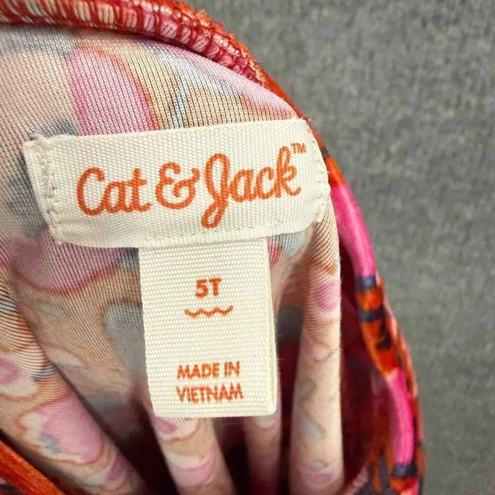 Cat & jack Girls Floral Velour Dress Size 5T Burnt Orange Pink Bow Pockets